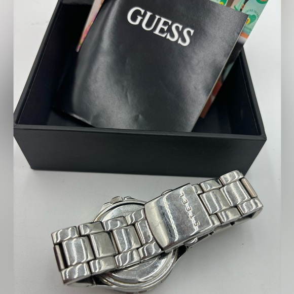 GUESS Prism Mineral Crystal SS Silver Bracelet Chronograph Watch, w/ Box - Picture 4 of 5